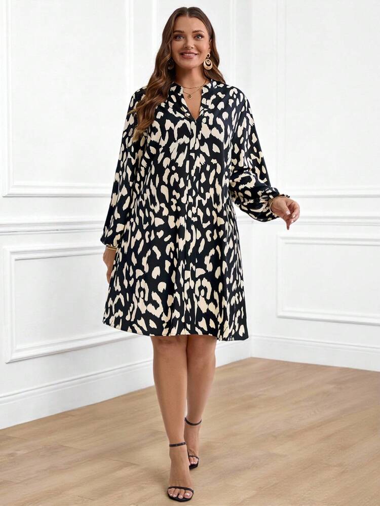 プラスサイズ Vネック 長袖 オールオーバープリント ゆったりとエレガントな秋ワンピース