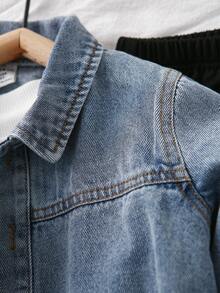 SHEIN 2 件套年轻男童蓝色水洗双面领厚衬衫上衣和羊毛运动裤套装，休闲运动校园风格，适合居家和户外穿着 - 彩色 - 查看 7