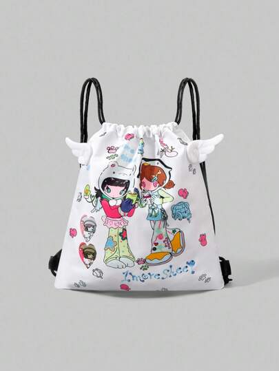 Anime Cute Backpack For Girls With Heart & Star Print, Transparent Pocket, Large Capacity, Drawstring Closure, Dual-Sided Design, Suitable For School, Commute, Casual Daily Wear