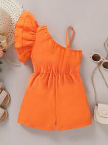 SHEIN Young Girl Asymmetrical Collar Tie Waist Romper