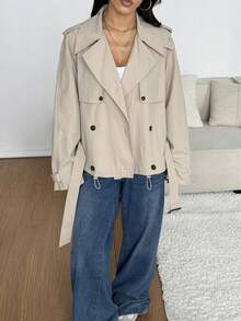 SHEIN EZwear 秋冬女士休闲百搭纯色双排扣风衣 - 卡其色 - 查看 3