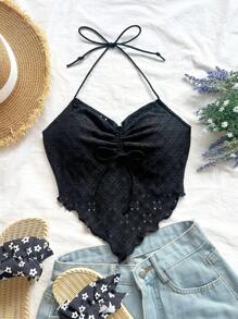 Soleia 夏季黑色外出蝴蝶结抽绳前露背吊带围巾下摆上衣 - 黑色 - 查看 3