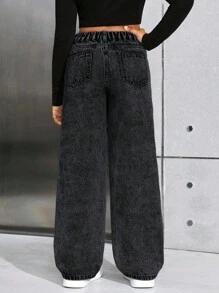 SHEIN Tween Girls Y2K 时尚石洗街头风格宽松破洞直筒牛仔裤，女孩秋装套装 - 黑色 - 查看 2