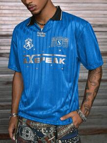 AXEPEAK 男士字母印花短袖休闲宽松 Polo 衫 - 藍色 - 查看 3