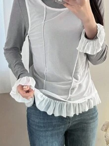 FRIFUL Camiseta de manga larga con cuello redondo, de tela de malla transparente con parches, con dobladillo fruncido, ajustada, para otoño - Gris - Ver 4