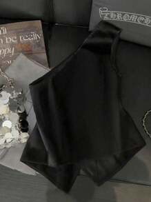 Franclia 时尚百搭 S 型领金属扣装饰性感单肩黑色衬衫，女款，春夏