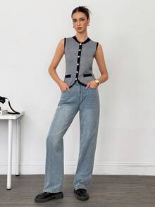 SHEIN Tall 秋冬时尚通勤撞色边珍珠纽扣针织背心 - 藍色 - 查看 1
