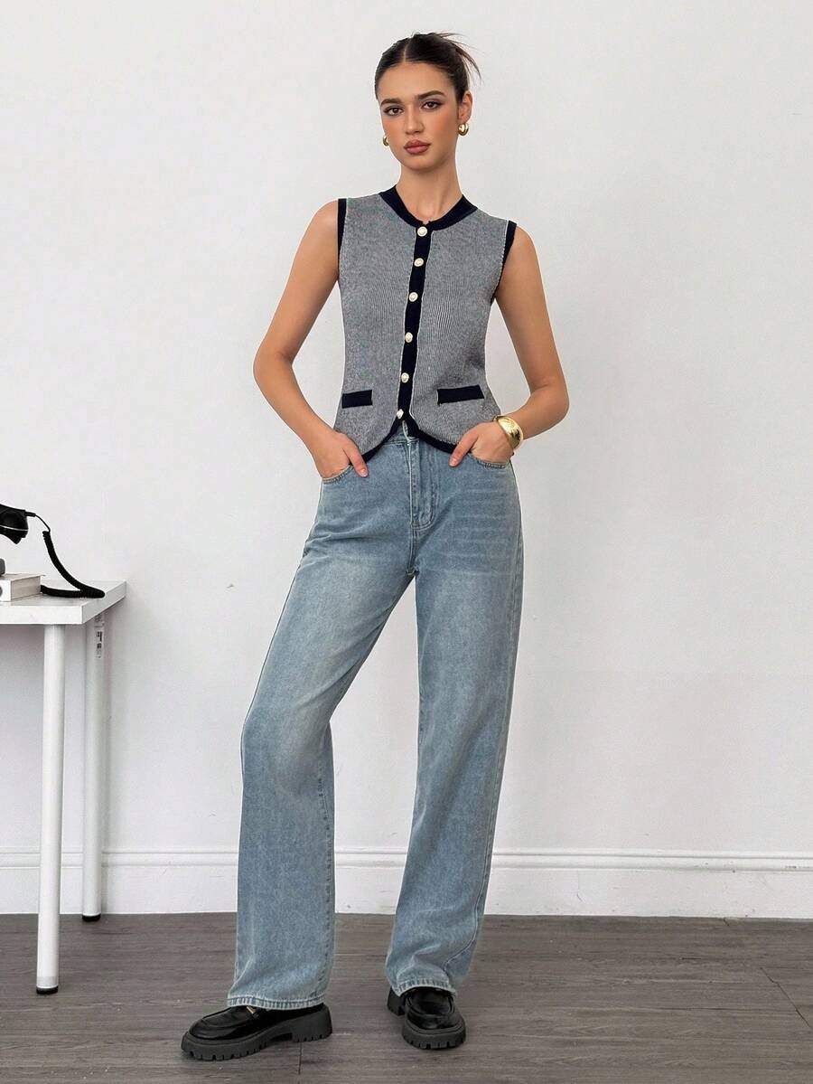 SHEIN Tall 秋冬时尚通勤撞色边珍珠纽扣针织背心 - 藍色 - 查看 1