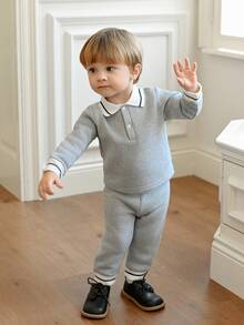 Souflis Souflis 2pcs/Set Toddler Boys' Minimalist Polo Collar Grey Long Sleeve Top And Grey Cuffed Pants, Autumn/Winter Baby Tracksuit Baby Boys Outfit Baby Casual Sets Baby Clothing Boy - Grey - View 4