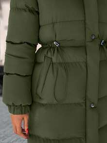 EURMUSE Zip Up Drawstring Waist Long Padded Coat - Hijau Tentara - View 6