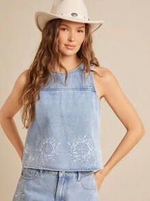 WESTFADE 圆领西部刺绣 A 字形后背带扣镂空无袖棉混纺牛仔摆上衣 - 中等水洗藍 - 查看 2