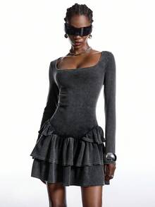 LYSMO 女式纯色方领长袖荷叶边下摆时尚迷你连衣裙