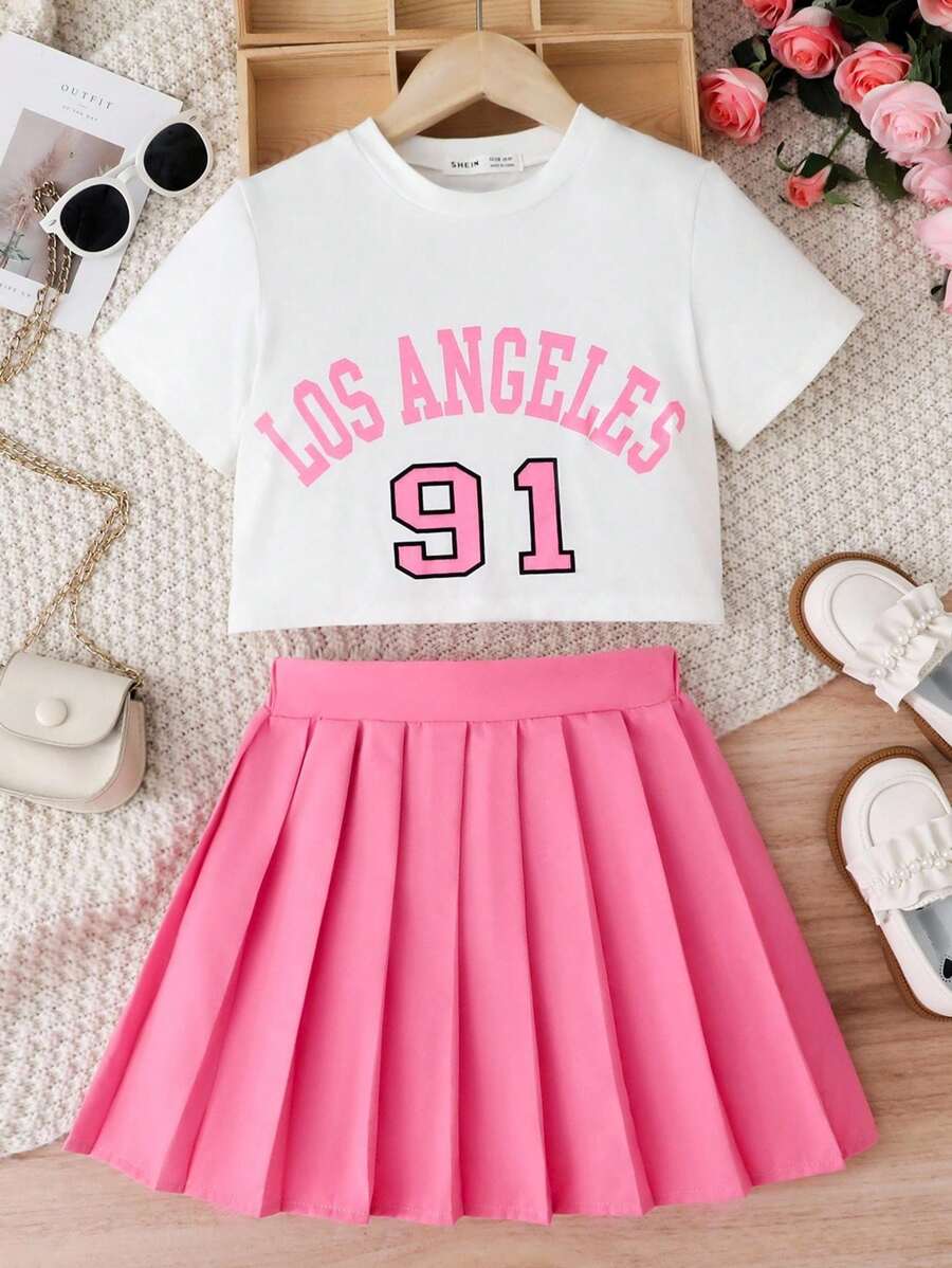 Girls Letter Graphic T-Shirt And Pleated Skirt Set, Sweet Style With Letter Print Design And High-Waisted Snug Fit Pleated Skirt - Multicolor - View 1