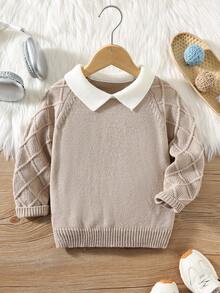 SHEIN 男童卡其色纹理休闲舒适百搭撞色领厚毛衣，开学季，秋冬 - 卡其色 - 查看 3