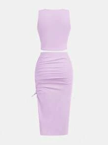 SHEIN Girlism 2件套青少年女童合身休闲针织紧身褶边长裙 - 淡紫色 - 查看 2