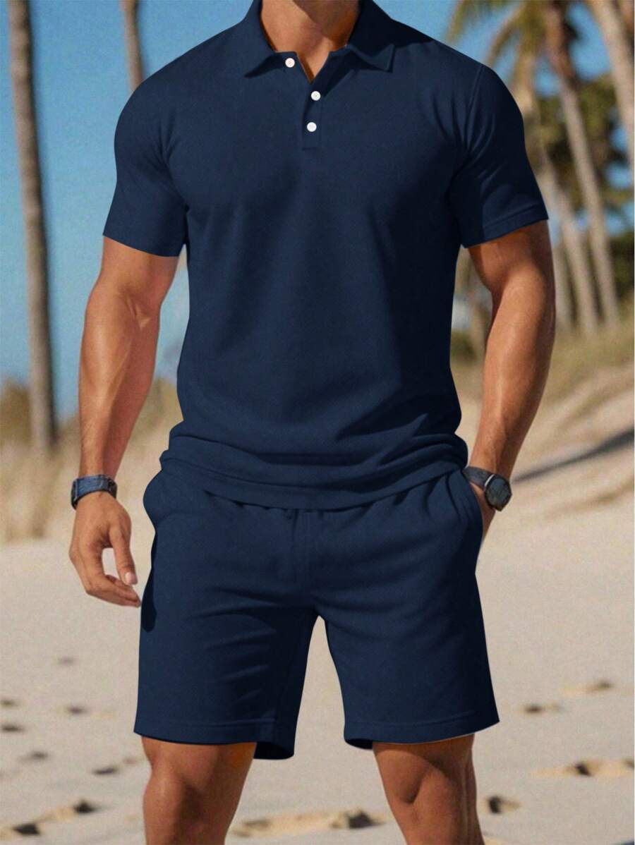 SHEIN Teen Boys' Blue Solid Color Shorts & Polo T-Shirt Set, Casual, Comfortable, Fashionable, Versatile, Suitable For Daily Wear, School, Travel, Beach Vacation