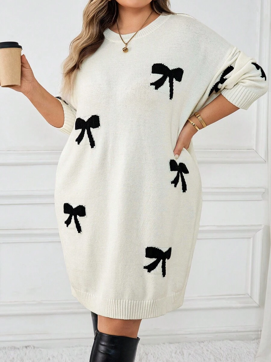 SHEIN CURVE+ 女士蝴蝶结图案圆领落肩长袖休闲毛衣裙，秋冬蝴蝶结连衣裙套头连衣裙蝴蝶结连衣裙/秋冬 - 黑與白 - 查看 1