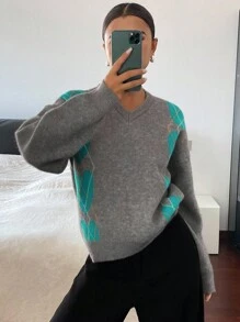 DAZY Suéter holgado de estilo casual de calle con cuello en V, manga larga y estampado de cuadros en contraste para mujer, otoño/invierno