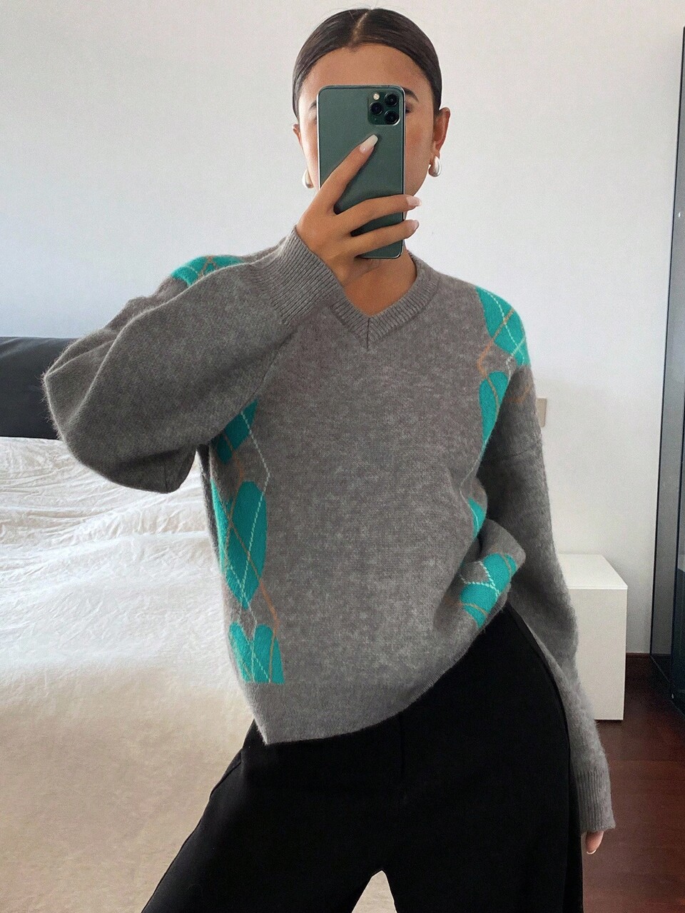 Contrast Plaid Jacquard Loose V-Neck Long Sleeve Casual Street Style Sweater For Women, Autumn/Winter