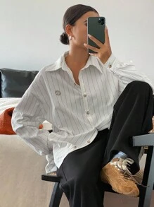 DAZY 秋冬女款条纹刺绣宽松长袖翻领休闲衬衫 - 白色 - 查看 4