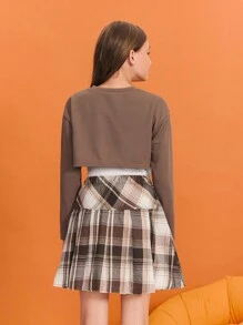 SHEIN Tween Girl Round Neck Long Sleeve Sweatshirt + Camisole + Plaid Mini Skirt Set - Coffee Brown - View 2
