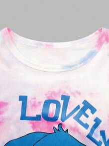 SHEIN Explorewe 2 件女童数码印花可爱卡通扎染针织上衣和裤子套装，舒适且适合休闲穿着、居家、海滩和各种场合 - 彩色 - 查看 5