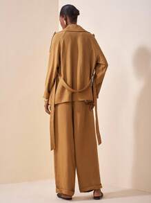 Zivah 2025春秋新款优雅通勤休闲派对宽松纯色卡其色长袖翻领系带金属扣装饰薄外套和阔腿长裤有口袋女装2件套