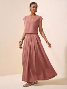 Zivah 2025新款夏季休闲度假优雅日常约会沙滩装生日派对圆领插肩袖短袖剪裁T恤+百褶裙长裙绿波条纹梭织女士两件套 - 粉色 - 查看 4