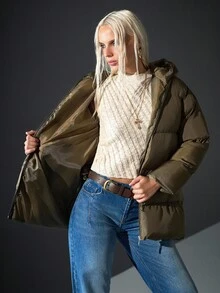 SHEIN Cottnline Long Padded Winter Coat, Front Zipper Closure Quilted Side Pockets Coat, Warm And Lightweight, Casual Winter Outerwear, Waterproof Fabric Puffer Coat - Khaki - View 7