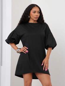 Vixey 净色针织泡泡袖后背拉链衬衫裙 - 黑色 - 查看 4