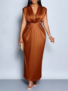SOLERSUN Women Commute Minimalist Office Old Money Simple Lapel Neck Batwing Sleeve Ruched Bodycon Satin Dress Maxi Women Outfit - Brown - View 1