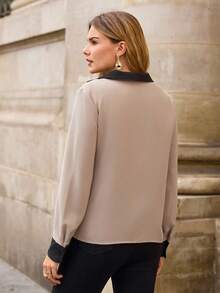 EMERY ROSE Contrast Trim Blouse - Khaki - View 2