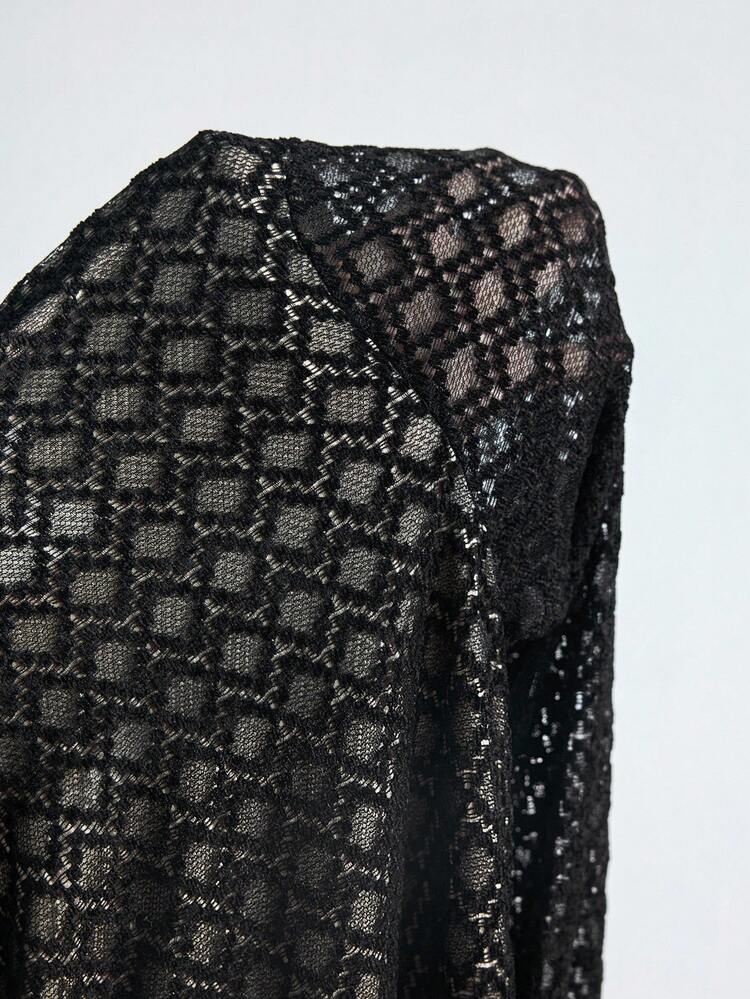 SHEIN Maija Black Textured Semi-Sheer Lace High Neck Long Sleeve Gathered Back Dress, Elegant Fitted Waist Black See Through Dress Black Lace Dress Hollow Out Dress Black Maxi Dress Black Coverup,Fall Women Clothes,Halloween,Elegant Dresses For Women,Fall Clothes For Women Saudi National Day
