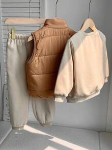 SHEIN 3pcs/Set Young Boy Back To School Casual Comfortable Versatile Quilted Coat, Crew Neck Sweatshirt, And Pants Tracksuit Set, Winter, Fall Clothes - Apricot - View 2