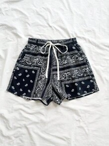 Soleia Paisley Print Drawstring Waist Shorts - Black and White - View 7