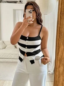 Vionelle 大码女式条纹针织吊带背心，时尚分层单品 - 黑與白 - 查看 6