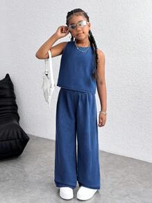 SHEIN 青少年女孩休闲水洗露背系带牛仔背心和牛仔裤套装 - 深色水洗藍 - 查看 4