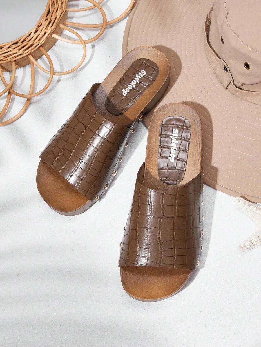 Styleloop Women's Round Toe Slip-On Buckle Strap High Heel Sandals, Rivet Decor, Outdoor/Commute, PU Chunky Heel, Brown - Rust Brown - View 1