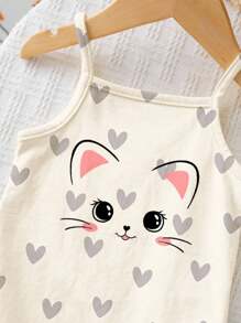 SHEIN Happikins Cute Cat Heart Pattern Casual Baby Girl Romper, Suitable For Spring/Summer