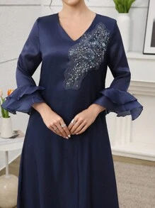 SHEIN Najma Women's V-Neck Beaded Floral Double Ruffle Sleeve Arabic Style Dress, Spring/Summer - Navy Blue - View 1