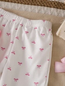 SHEIN 女婴新生儿0-3岁休闲日常蝴蝶结装饰粉色短款圆领长袖卫衣和灯芯绒裤套装，秋冬季 - 粉色 - 查看 7