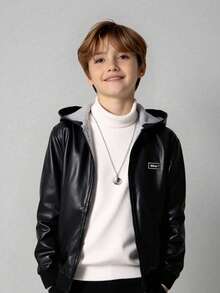 SHEIN Tween Boys' Casual Everyday Versatile Comfortable Motorcycle Style PU Faux Fur Lined Thick Woven Jacket Suitable For Birthday Parties, Evening Parties, Performances, Weddings, Baptisms, Opening Ceremonies Daily Suitable For Daily Use Suitable For School Suitable For Travel Suitable For Sports Suitable For Autumn And Winter Hooded Jacket Faux Leather Jacket Jackets For Tweens Zip Up Jackets Tween Teen Boy Jackets Fall - Black - View 7