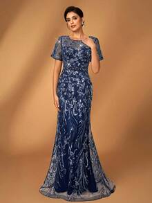 Serin 优雅奢华刺绣蕾丝亮片花卉图案泡泡珍珠透视袖连衣裙，适合婚礼、派对、度假、舞会、晚礼服、新娘母亲 - 藏蓝色 - 查看 6