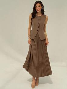 Aloruh Women's Elegant Commuter Solid Color Vest & Pleated Skirt Suit In Fall/Winter - Brown - View 3