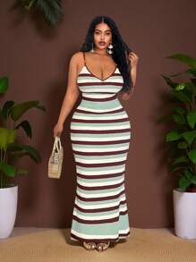 Veslaya Vestidos elegantes de outono para mulheres, primavera/verão 2025, novos, casuais, férias, traje para concerto country, vestido para convidada de casamento, vestido longo listrado de malha com alças finas e costas abertas, vestido suéter plus size - Multicolorido - Ver 1