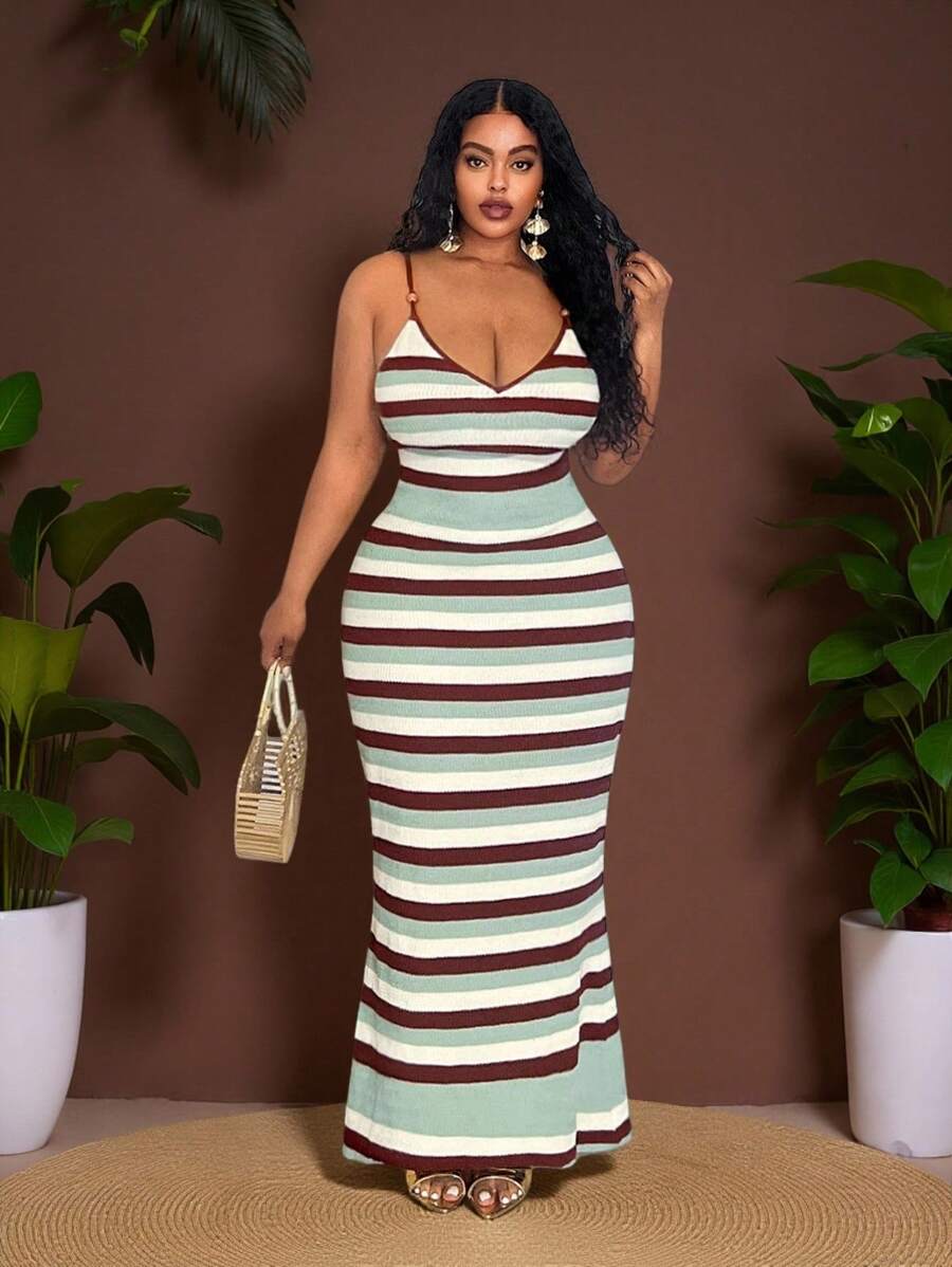 Veslaya Vestidos elegantes de outono para mulheres, primavera/verão 2025, novos, casuais, férias, traje para concerto country, vestido para convidada de casamento, vestido longo listrado de malha com alças finas e costas abertas, vestido suéter plus size - Multicolorido - Ver 1