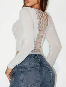 Sirith Femmes Manches Longues Tricotées Style Régulier Demi-Transparent Déchiré Gris Vacances Amincissant Sexy Vacances Plage Fête Printemps/Été Automne Femmes Automne Hiver Révélateur de Peau - Gris foncé - Voir 2