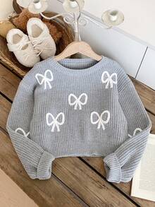 Sparklyn Tween Girl New Fashionable Versatile Cute Bow Knit Pullover Sweater Bow Sweater Bow Knit Sweater Sweater With Bows Bow Sweater Cropped Bow Sweater Cute Sweaters Sweater Fall Winter Fall Craft Sweater Cute Bow Sweaters - Grey - View 3