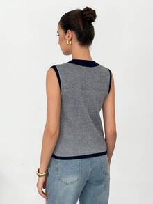 SHEIN Tall 秋冬时尚通勤撞色边珍珠纽扣针织背心 - 藍色 - 查看 2