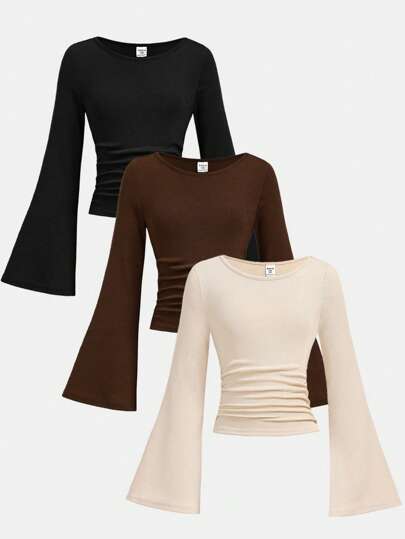 Girlism Tween Girl Multicolor Fall Rib-Knit T-Shirts With Flare Sleeves And Boat Neckline, Long Sleeve Crop Top, 3 Packs Top Winter